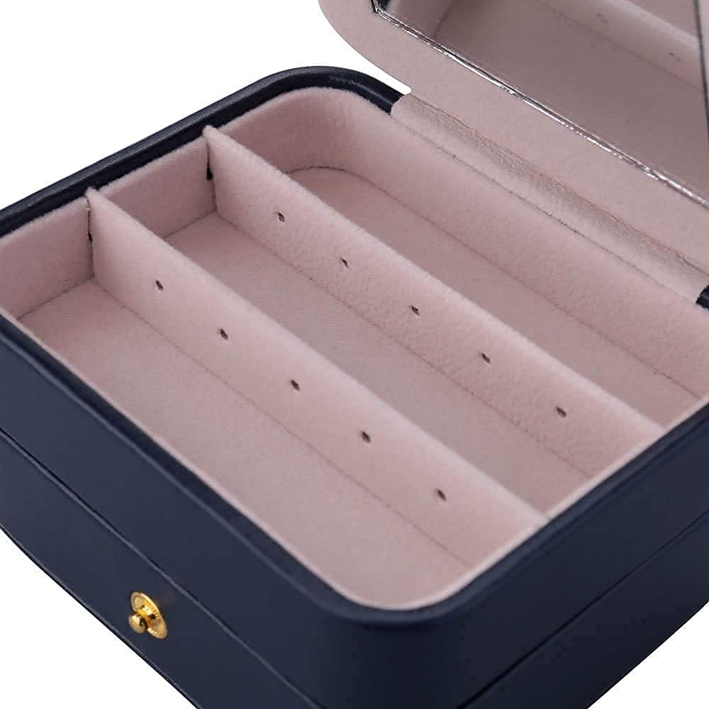 2 Tier with Mirror for Earrings Necklace Jewelry Bracelet Organizer Jewellery Storage Box (White) (Darkblue)