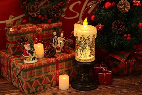 Image of Eldnacele Battery Operated Lighted Flameless Candles Christmas Snow Globe Candle Light Swirling Water Glittering Spinning Candles for Home Decoration(Snowmen Family)