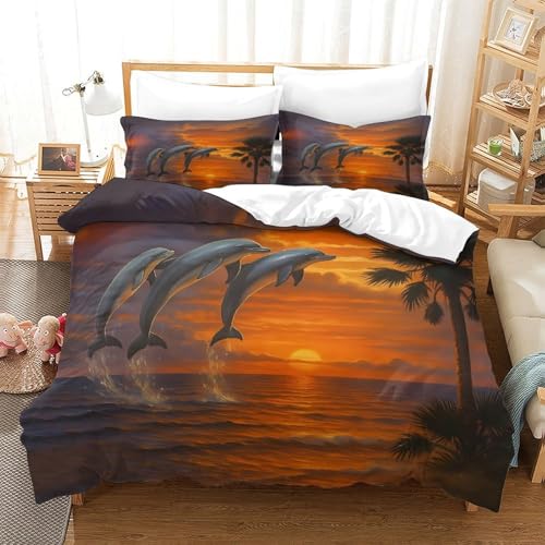 Housse de couette dauphins 3D microfibre inaltérable et fermeture éclair cachée - 3