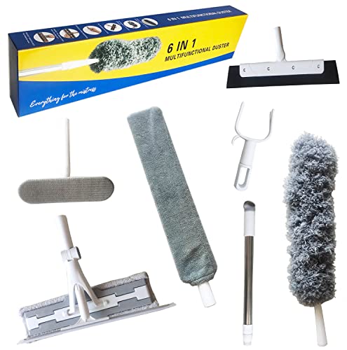 Image of Cleaning Kit with Extension Handle - Window Squeegee, Hook, Microfiber Cloth for High Ceilings, Spider Brush for Removing Dust from Ceiling Fans, Beautiful Gift Box
