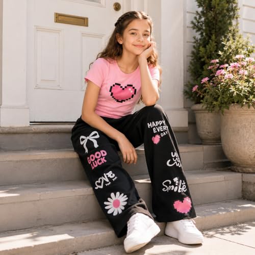 Image of Girls Clothes 2 Piece Cute Pixel Heart-Print Top Graffiti-Print Pants Sets | Trendy Y2K Inspired Outfit with Fitted Top and Wide Leg Bottoms, Casual Streetwear for Teens Girls 7-14Y