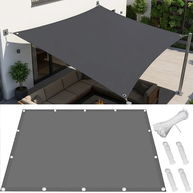 Sun Shade Sail 6.3x6.6m, Rectangular Waterproof Polyester Canopy, 95% UV Blocking Sun Shade Cloth with Grommets, Heavy-Duty Sunscreen Awning Cover for Outdoor Patio, Garden, Balcony, Dark Grey