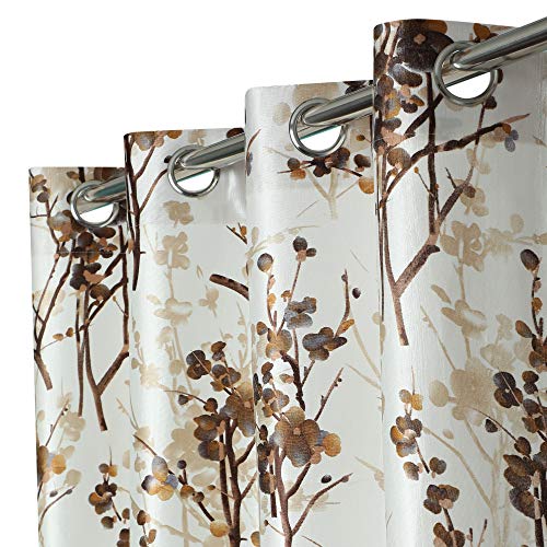 Image of 7 Feet Polyester Floral Light Filtering Door Curtains for Bedroom, Living Room & Hall, Eyelet Top, Coffee Print & Solid Plain Curtain Set of 3
