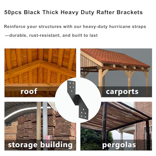 Image of 50pcs 16-Gauge Thick Hurricane Straps, Black Powder-Coated Rafter Ties | Heavy Duty Left Rafter Brackets, Strong Hurricane Clips, Tie Brackets for House, Roof Trusses, Shed, Building (Left)