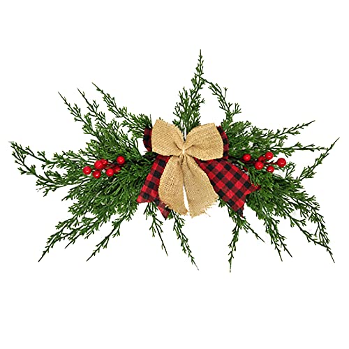 WDDH Artificial Christmas Swag, 22.8inch Winter Pine Needles Decoration Swag with Ribbon Bow and Red Berries, Greenery Christmas Swag for Wall Door Lintel Festival Decor