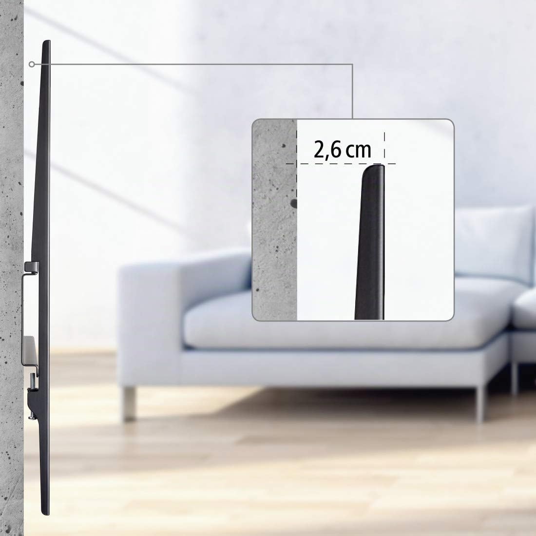 Hama TV Wandhalterung (TV Wandhalterung 37-90 Zoll, VESA 50x50 bis VESA 800x400, bis 100 kg, Wandabstand 2,6 cm, flach, starr, fest, Wandhalterung Fernseher, mit Fischer Dübeln) schwarz