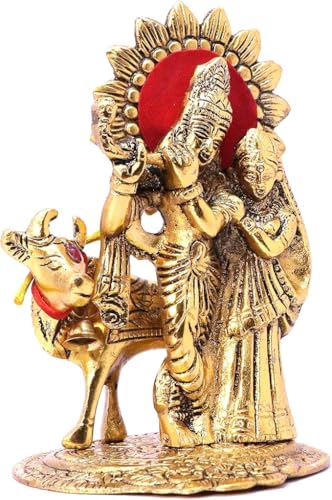Estatua decorativa Radha Krishna con vaca de metal blanco 5x4x6 in miniatura 4