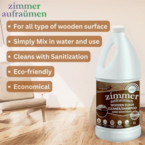 Image of Zimmer Aufraumen Wooden Floor Cleaner 1 L+ Wood Floor Polish Spray 450ml COMBO. Formulated for Wooden Floors and Laminated Surfaces. Cleaning + Shining wooden floors. Kids & Pets Safe.