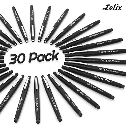 Lelix Felt Tip Pens, 30 Black Pens, 0.7mm Medium Point Felt Pens, Felt Tip Markers Pens for