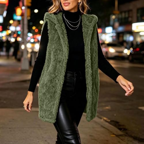Womens Fuzzy Fleece Vest Hooded Longline Open Front Casual Winter Layering - image 9