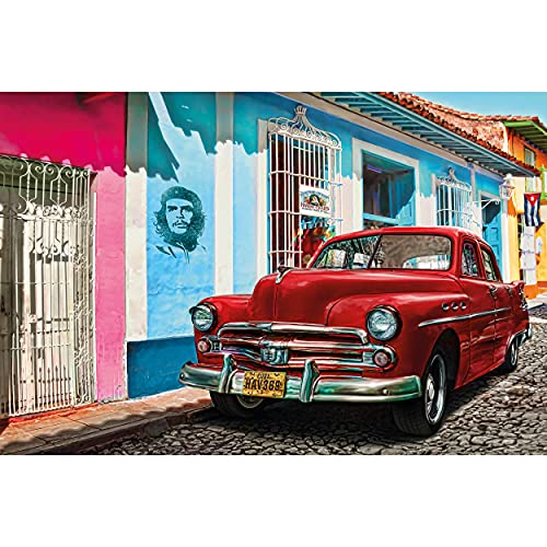 GREAT ART® XXL Affiche – Voiture ancienne à la décoration murale de La Havane – Peinture murale représentant une oeuvre d'art Cuba Illustration Rouge Chevrolet (140 x 100 cm)