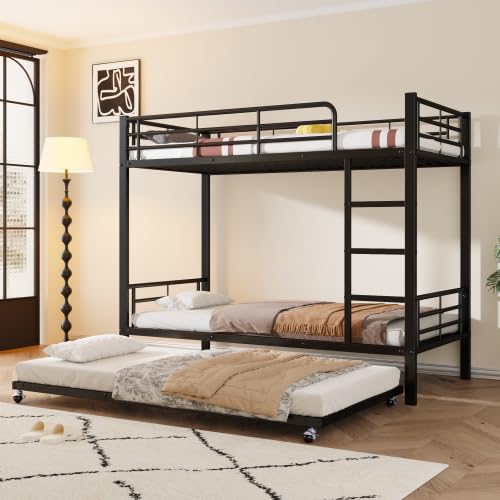 Merax Letto a castello in ferro per bambini e ragazzi, con letto estraibile, 90 x 200 cm e 90 x 190 cm, nero, con griglia laterale e scala, design salvaspazio, certificato EN747