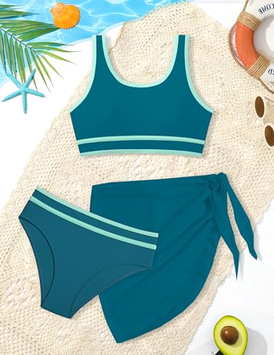 Image of Girls Swimsuit Double Strap High Waist Sporty Bikini Swimsuits Swim Cover Up Skirt 3 Piece Set