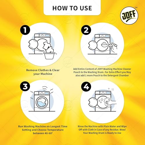 Image of Joff Washing Machine Cleaner Powder for Front and Top Load Machines, Removes Build-Up, Odors and Residue, Eco-Friendly Gentle Formula, Deep Cleaning Performance, Pack of 3, 150g Each