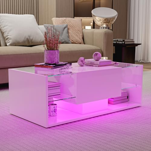 LIVLUX Table Basse Moderne 100x50x35 cm, Table Basse Blanc laqué avec LED, dotée d'un Espace de Rangement Ouvert et 2 tiroirs, idéale pour Le Salon, Le...