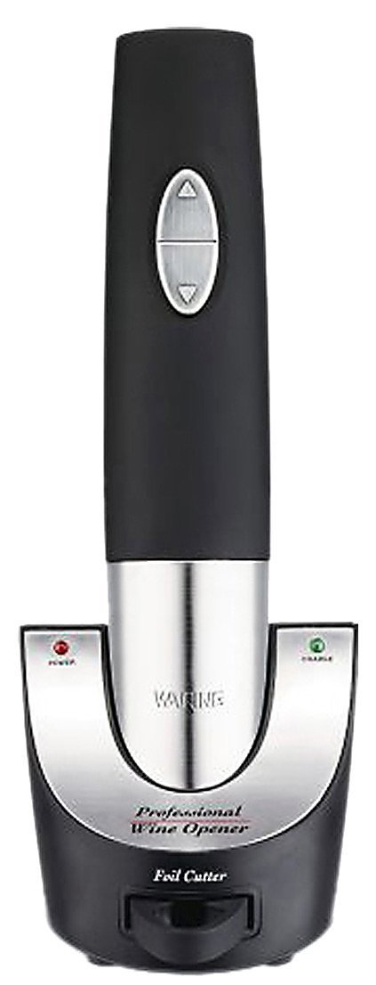 Waring WO50 Cordless Wine Opener with charging base, two wine bottles, a wine glass, and a cork