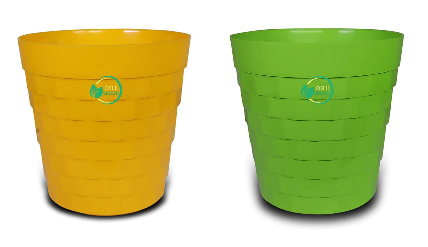 OSHIGREENS Plastic Plant Pots, BRIX 8 Inch Round Flower Pots with Drainage Holes, Set of 2 Plant Containers for Indoor & Outdoor Gardening (Multicolor)