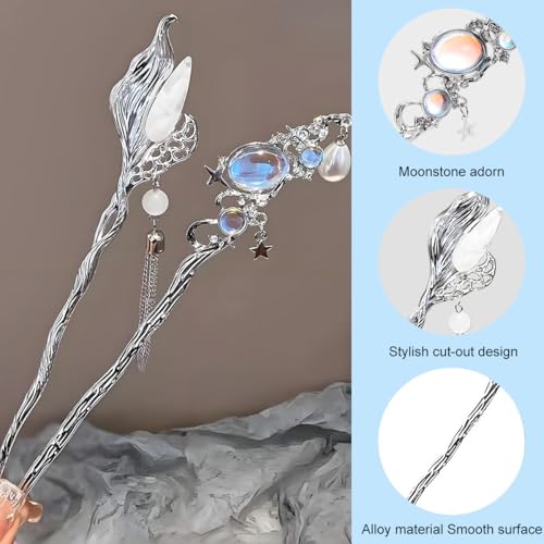 Image of SANNIDHI Hair Stick for Bun Accessories for Woman, 5Pcs Vintage Alloy Juda Pins for Hair Bun, Moonstone Planet Star Charm Silver Accessories for Updo & Daily Styling