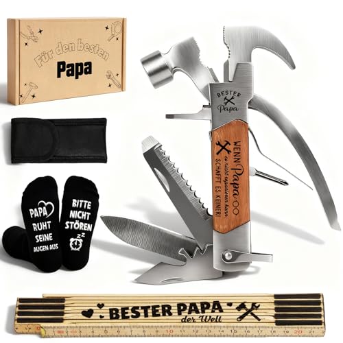Giftota Bester Papa Geschenkset - Geburtstagsgeschenk für Papa mit Zollstock 13-in-1 Multitool Socken Werkzeugaufbewahrungstasche - Kreative Weihnachtsgeschenke für Väter Papa Männer Holzarbeiter