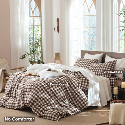 Image of MooMee Gingham Duvet Cover Set 100% Washed Cotton Linen Like King | Relaxed Linen-like Texture. Soft, Breathable & Long-lasting Comfort. Lightweight. Hidden Zipper with 8 Interior Corner Ties