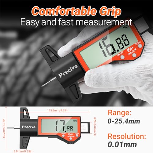 Image of Preciva Tire Tread Depth Gauge, Digital Tire Depth Gauge with Large LCD Display and Inches, Millimeters, Fraction Conversion, Tread Depth Gauge Suitable for Thread Depth, Brake Shoe and Pad Wear