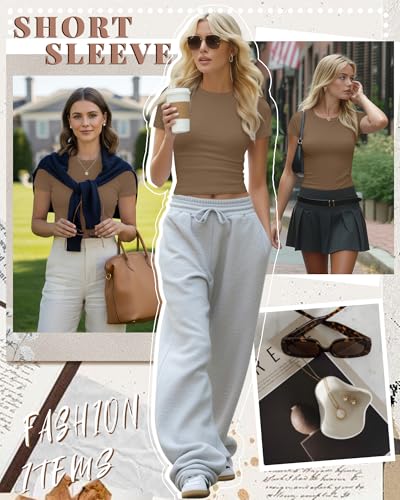Image of Evervibe Women Built-in Bra Short Sleeve Shirts Crewneck T-Shirt Slim Fit Going Out Tops Casual Summer Basic Tees