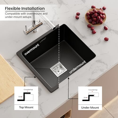 Image of LAPO Quartz Basin for Kitchen | 18x16 Inch UV Safe Surface | Single Bowl Basin with Integrated Tap Cut-Out | Supplied with Waste Pipe, Connector & Drain Strainer | 3 Year Warranty (Black Metallic)