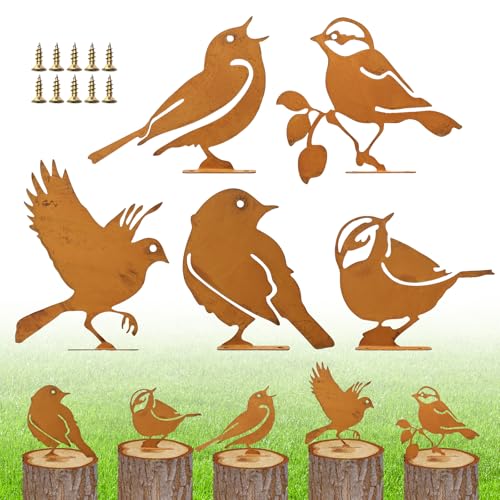 KATIMI 5er Rost Vogel Gartendeko für Draußen Wetterfest, Gartendeko Rost Metall mit Schraube, Vögel Gartenstecker RostDeko, Edelrost Metall Vögel Roststecker Baumstecker für Bäume Pfähle Zäune