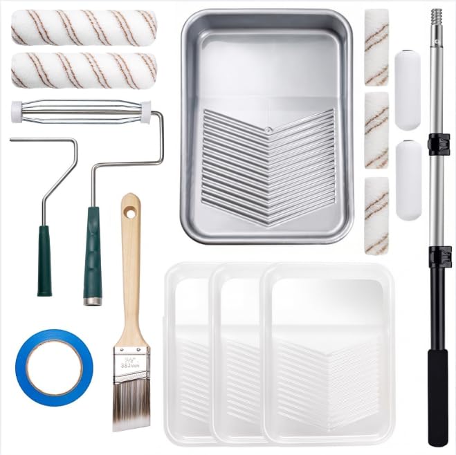 Mister Rui Paint Roller Set16 Pcs, Extendable Roller for Painting, 9" & 4" Paint Rollers and Trays with Extension Pole, Paint Brush, Small Paint Roller, Complete Paint Roller Set for Painting