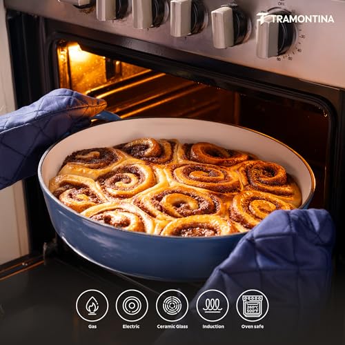 Image of TRAMONTINA Bestow Fry Pan 30 cm with Lid | Enameled Cast Iron Cookware | Even Heat Retention | Low Oil Healthy Cooking | No Seasoning Required | Stainless Steel Knob | All Cooktops Compatible | Blue
