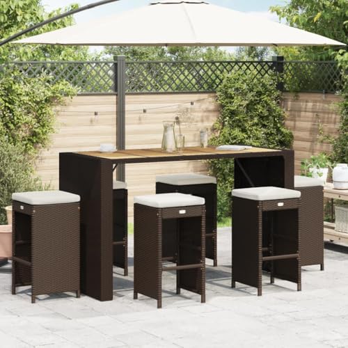 sephironlbb Taburete de bar de jardín con cojín, 6 unidades, color marrón, polirratán, acero recubierto de polvo, 40 x 40 x 76 cm, apilable, resistente a la intemperie, para balcón, terraza, jardín