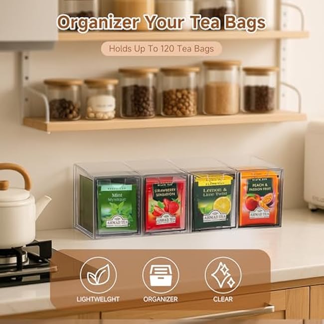 4 Packs Tea bag organizer, Clear Acrylic Tea Organizers And Storage Drawer for Kitchen Cabinet Countertop Office