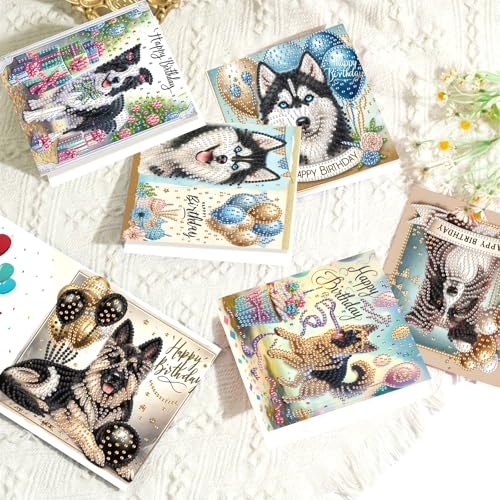 Image of 6 Packs Diamond Painting Greeting Card Kits Diamond Art Dog Laser Effect Greeting Cards Animal Special Shaped Diamond Art Greeting Card Arts Crafts for Christmas Birthday Thanksgiving Day(30x15cm)
