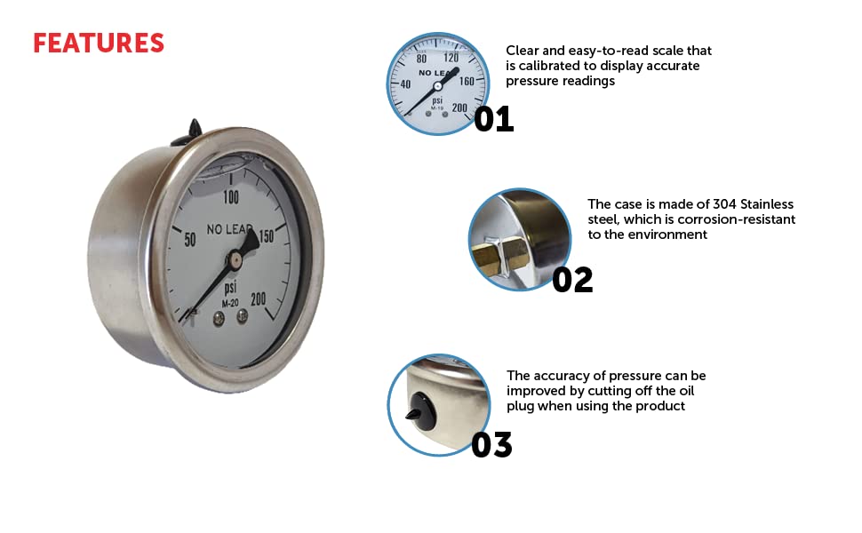 Miniatura 6 de Merrill MFG 0  200 PSI Acero inoxidable 14 "NPT Medidor de presión relleno de líquido WOG Agua Aceite Gas Centro Montaje trasero