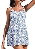 Aleumdr Womens One-Piece Swimdress Modest Swimsuit with Floral Printed Tummy Control Bathing Suits Push Up Swim Dresses with Pocket Blue Large