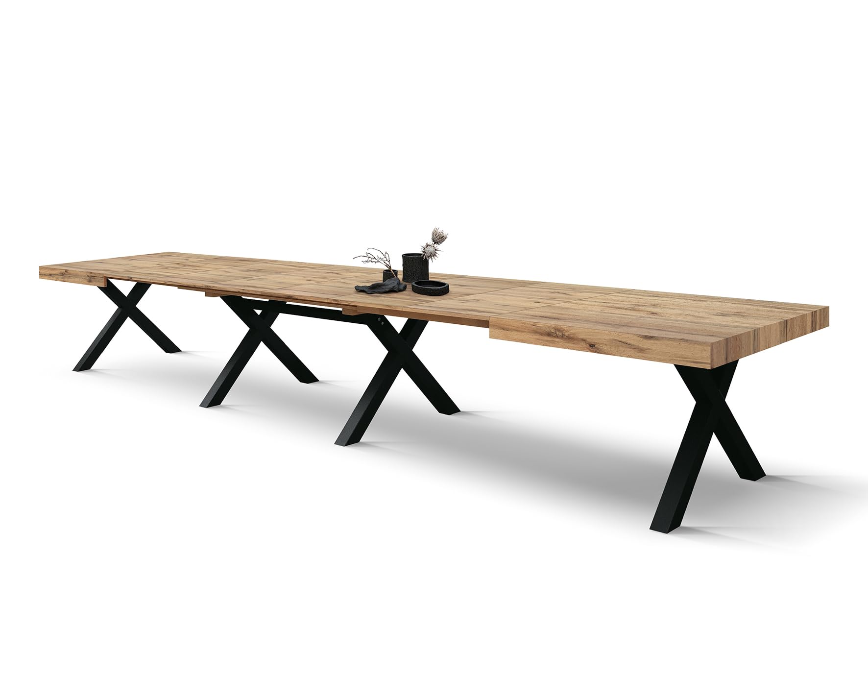 PAZZO DESIGN Table Extensible Roberta, chêne Rustique, mélaminé, Pieds en MDF Noirs en X, de 180 à 480 cm, fabriqué en Italie - id_2005