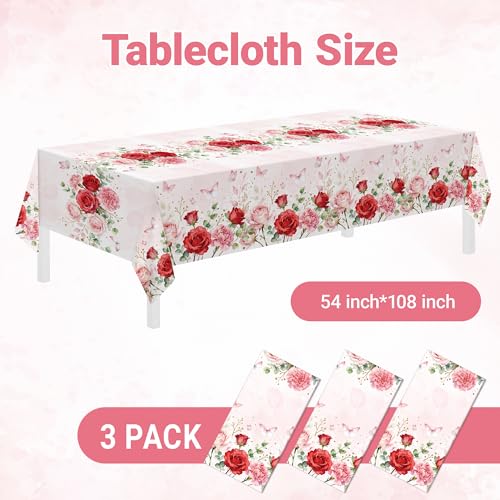 Image of Childom 3 Pack Mothers Day Decorations,Mothers Day Tablecloth,54 inch x 108 inch Disposable Plastic Table Cloth for Rectangle,Pink Table Cover for Mom Birthday,Party Supplies,Home,Dinner,Indoor,Outside