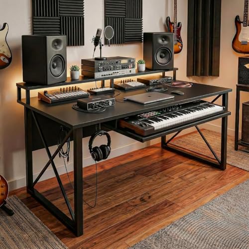 Image of FFo Music Studio Desk | Music Studio Desk with Keyboard Tray | Workstation,Laptop PC Computer, Music Instrument Table for Music Producers | (Black) | (120L x 60W x 87H CM) | (DIY)