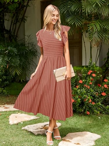 Image of Simplee Womens Striped Midi Summer Dress Linen Smocked Flutter Short Sleeve Dress Flowy Casual Dress with Pockets