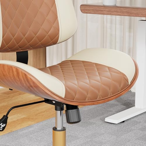 Image of Armless Office Chair with Back, Mid Century Modern Small Desk Chair, No Arms Leather Computer Chair for Home Office, Swivel Vanity Chair, Rolling, Adjustable Height (Brown+Beige)