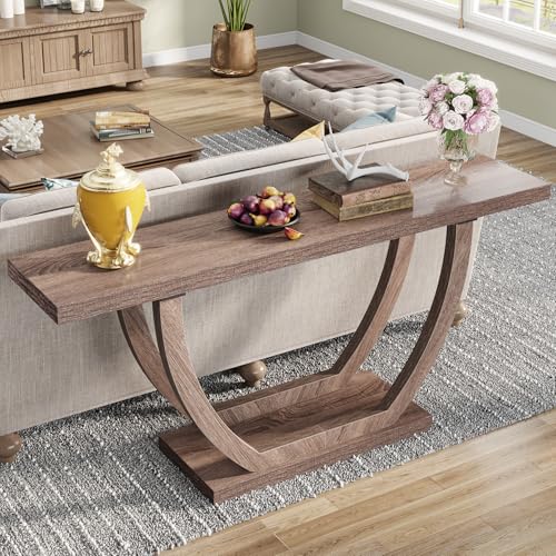 Image of Tribesigns 63-Inch Wood Console Table with Geometric Base, 2-Tier Farmhouse Sofa Table Narrow Long, Thickened Behind Couch Table with Shelves for Living Room Foyer Corridor (Dark Brown)