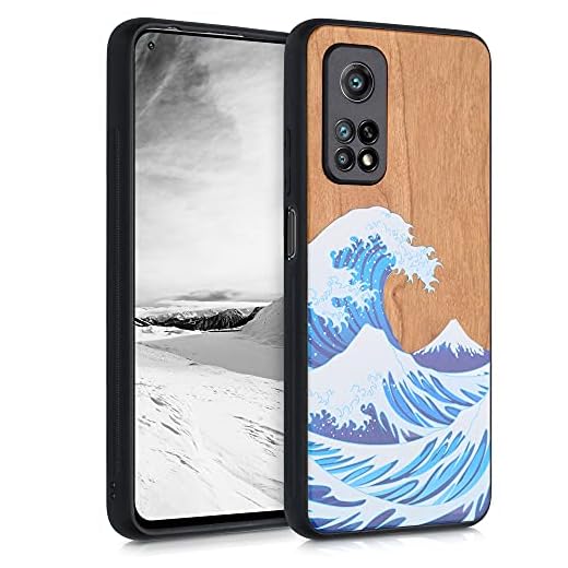 kwmobile Fodral kompatibelt med Xiaomi Mi 10T/Mi 10T Pro – mobiltelefonfodral trä TPU-fodral – trä japansk våg blå vit brun