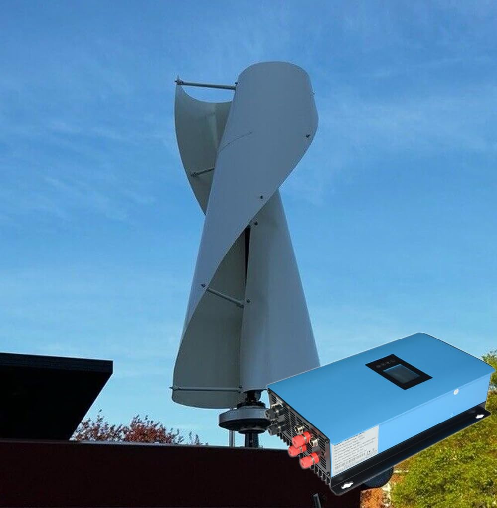 2000W Vertikale Windkraftanlagen Komplettanlage mit Netzgekoppelter Wechselrichter Netzkopplung Windturbinen VAWT Windgenerator 48V auf Einphasig 220/230VAC 50Hz ins Hausnetz