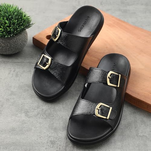 Image of Liberty Healers MDL-11E Men Casual Sandals, Black & Brown - Formal Look Sandals for Men with Buckle Strap - Stylish Flat Sandal for Man - Lightweight and Comfortable Footwear