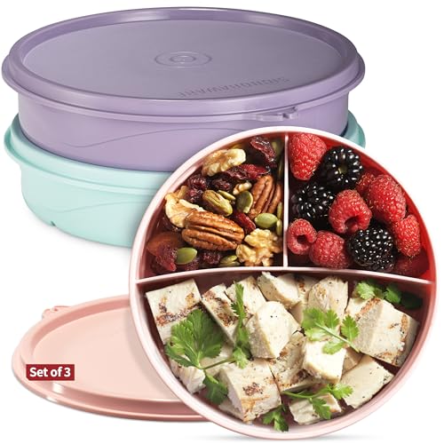 Lot de 3 boîtes à goûter rondes à 3 compartiments pour enfants et adultes – Boîtes de rangement empilables avec couvercles – Sans BPA – Passe au lave-vaisselle – Boîtes à goûter pour enfants à portion