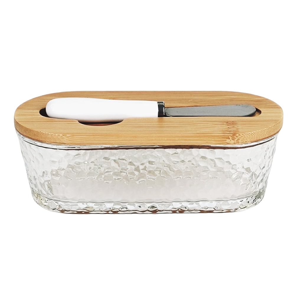 WAIT FLY Glass Butter Dish with Bamboo Lid and Knife, Butter Container Keeper for Kitchen Countertop, Home Decor-Hammer
