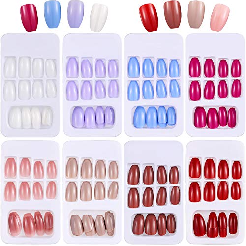 192 Pieces 8 Color Short Coffin Press on Nails Colorful False Nails Full Cover Coffin Nail Tips Glossy Color False Ballerina Nails and 8 Sheets Nail Glue Sticker for Girls Nail Art (Diverse Colors)