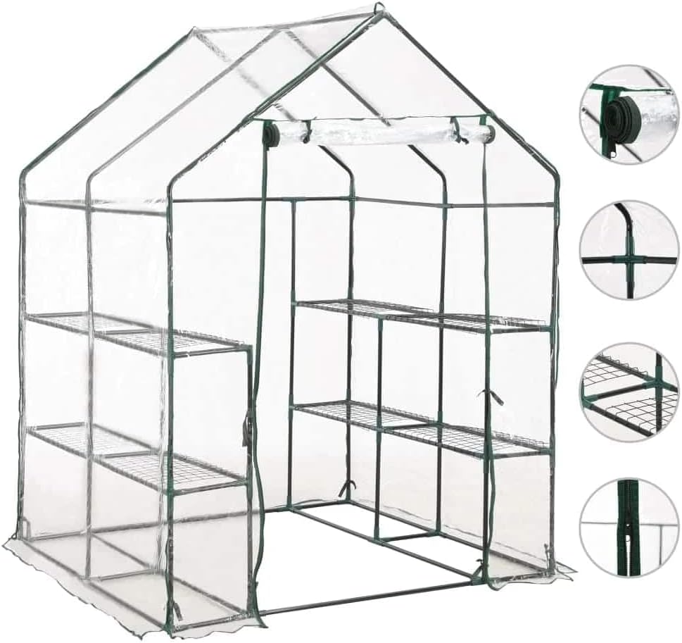 vidaXL Greenhouse with 8 Shelves and Steel Frame – Extend Your Growing Season - Transparent PVC Cover - 4.7'x4.7'x6.4' - Easy Setup for Gardening Enthusiasts