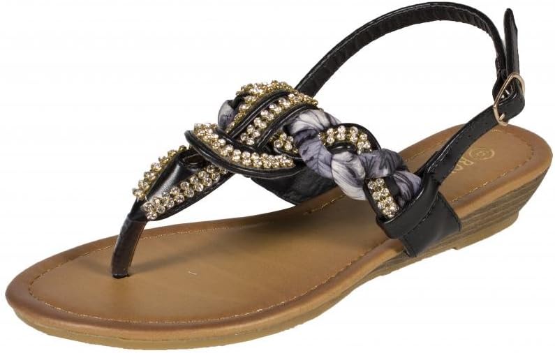 RCK Bella Women's Avia-1 Diamond Braided Thong Flat Slingback Sandal, black leatherette, 6.5 M US
