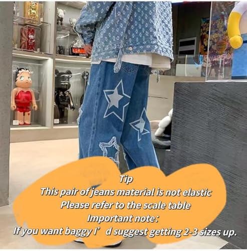 Vintage Men's Korean Denim Pants Y3K Cltohes Streetwear Printed Patchwork Male Baggy Jeans Straight Trousers Blue4